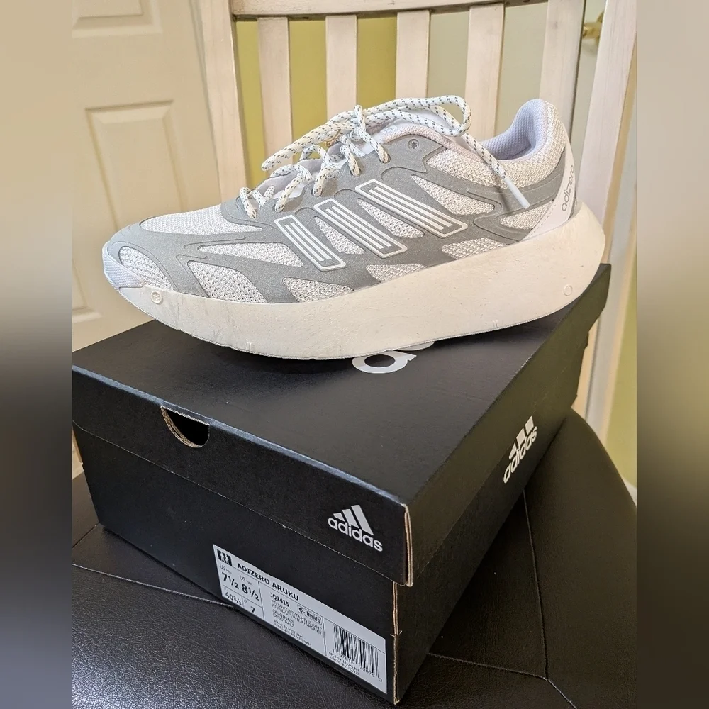 Adidas White and Gray Adizero Aruku Athletic Shoes